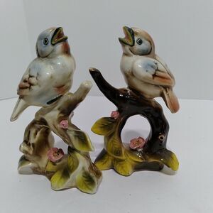 Antique Song BIRDS Germany? Floral Flowers Glazed Perch CHIPS SEE PICTURES